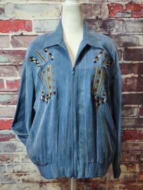 Vintage Sand Washed Rayon Embroidered Zip Bomber Jacket